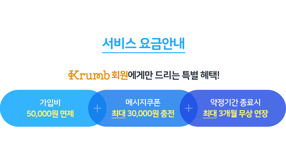 krumb 회원에게만 드리는 특별 혜택! 가입비 면제 + 메시지쿠폰 최대 30,000원 + 약정 연장 최대 3개월 제공